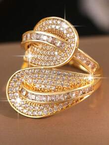 1 chiếc nhẫn hình lá nhiều lớp sang trọng đính đá Cubic Zirconia, phụ kiện trang sức cưới thời trang lấp lánh, có thể điều chỉnh kích thước, phù hợp cho phụ nữ đeo hàng ngày, đi du lịch và nhiều dịp khác nhau. - Vàng - Xem 1