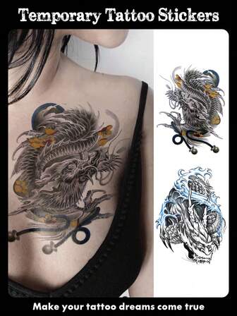 2 Sheets Big Size Body Art Tattoo Stickers For Women And Men, Japanese-Style Dragon Patterns, Waterproof Fake Tattoos, Lasting 2-5 Days, Used On Arms, Chest, Waist, Back, Legs, Easy To Apply And Remove, Suitable For Festival Parties, Halloween Music Festivals, Street Performances
