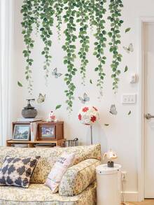 2 pièces Stickers muraux de plante verte, de libellule et de vigne, décoratifs pour le salon, l'entrée, la chambre à coucher, autocollants amovibles en PVC - Vert sapin - Voir 2