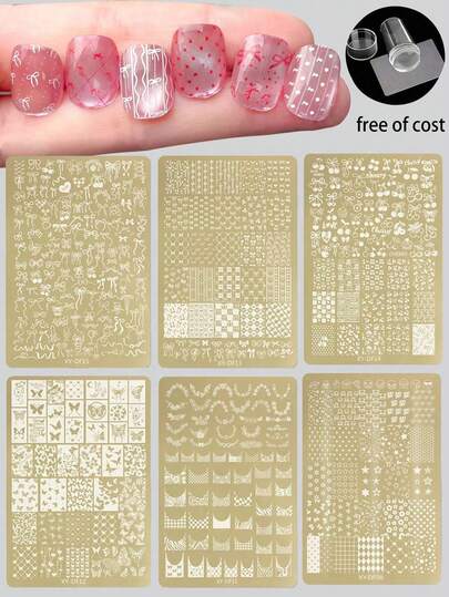 1pc Nail Art Stamping Plate, New Ins Style Limited Edition Leopard, Zebra, Plaid, Snake, Blue Bird, French Ribbon Bow, Heart, Cherry, Butterfly, Star, Cute Expression Pattern Stamp Template, Nail Art Stamping Gel Plate, Plaid Print Nail Painting Tool