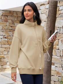 Fisoew Women's Oversized Sweatshirt Pullover - Long Sleeve Snap Button Henley Neck Loose Fit Top | Y2K Grunge, Clean Girl Aesthetic, Athleisure | Casual Fall Fashion - 卡其色 - 查看 5