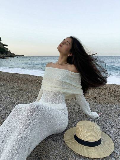 Đầm dài gợi cảm VIBEWAVE 2026 mùa hè, kiểu dáng hở vai, chất liệu dệt kim, xuyên thấu, thích hợp cho kỳ nghỉ biển của phụ nữ.