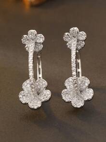 一对波西米亚风镀银铜耳环 - 镶嵌闪亮立方氧化锆石 - 花朵造型耳环，多色 - 女士珠宝礼物 - 情人节、斋月 - 花朵耳扣 - 查看 5