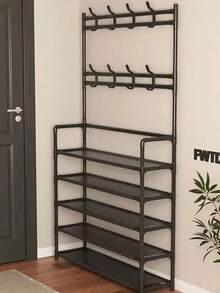 Zapatero Perchero de 4y5 Niveles con Ganchos: Espacio ahorrador, Organiza Zapatos, Ropa y Bolsos en la Entrada - Negro - Ver 2