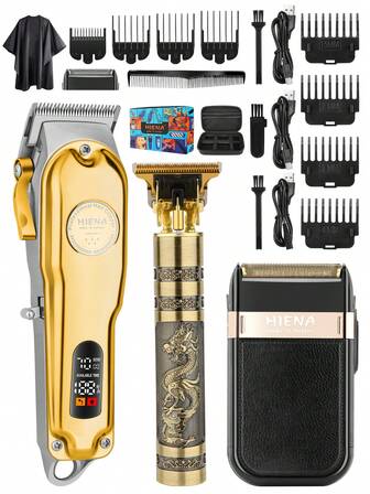 HIENA 3pcs Men's Professional Barber Set - T-Blade Trimmer, USB Rechargeable, Beard & Shaver Grooming Kit For Home Use