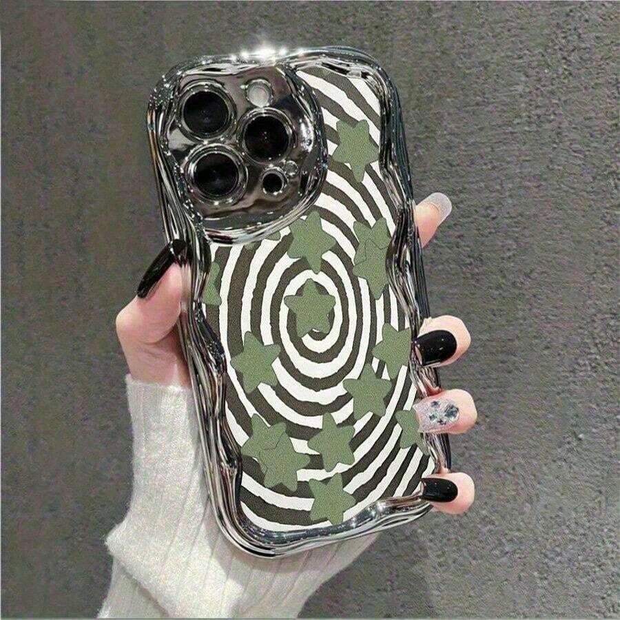 Funda de teléfono con diseño de olas de crema brillante y estampado hipnótico de estrellas giratorias en verde, negro y blanco para iPhone 16/15/14/13/12/XsPro, cubierta protectora anti-arañazos con diseño ondulado, estuche móvil a prueba de golpes y con estilo para mujeres y niñas - Plateado - Ver 1