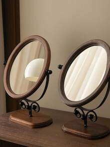 Vintage Bedroom Vanity Mirror, Solid Wood Makeup Mirror, Tabletop Wooden Chinese Style Rotating Dressing Mirror - Walnut Wood Color - View 4