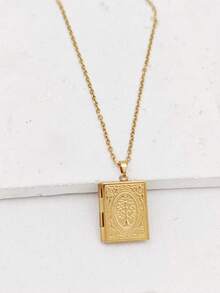 1pc 18K Gold Plated Stainless Steel Hollow Vintage French Style Tree Of Life Square Book Locket Pendant Necklace, Simple & Elegant Design For Men & Women, Affordable Jewelry Gift For Valentine's Day - Multicolor - View 3