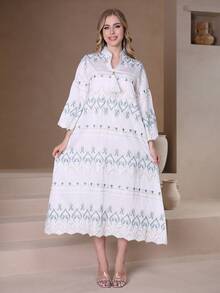 2026 New Style Ramadan Traditional Elegant Embroidered Abaya Dress, V-Neck Tassel Tie 3/4 Sleeve Robe, Soft Modest Eid Outfit - Apricot - View 2
