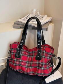 Plaid Tote Bag For Women, Large Capacity Commuter Handbag With Rhinestone Decor, Unique Shoulder Bag - Burgundy - View 3