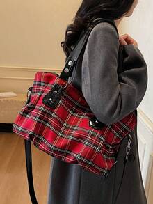 Plaid Tote Bag For Women, Large Capacity Commuter Handbag With Rhinestone Decor, Unique Shoulder Bag - Burgundy - View 5