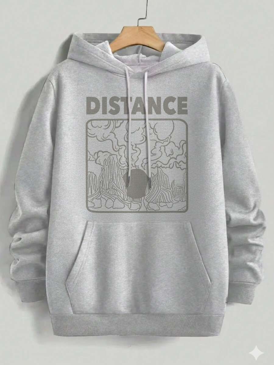 Sudadera con Capucha para Mujer | Estampado "Distance" + Paisaje Estilizado | 50% Algodón 50% Poliéster | 280g | Empaque Individual - Gris - Ver 1
