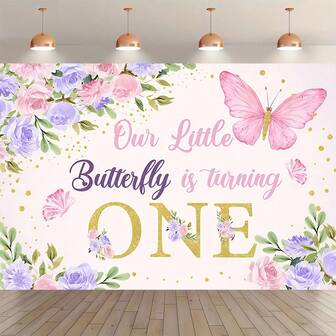 1-årsdagsbakgrund - Elegant blommig och skimrande fjärilsfestdekoration i ljusrosa, lila, lavendel och guldpaljetter - Ljusrosa bas med orden "Vår lilla fjäril fyller ett år" tryckt på den