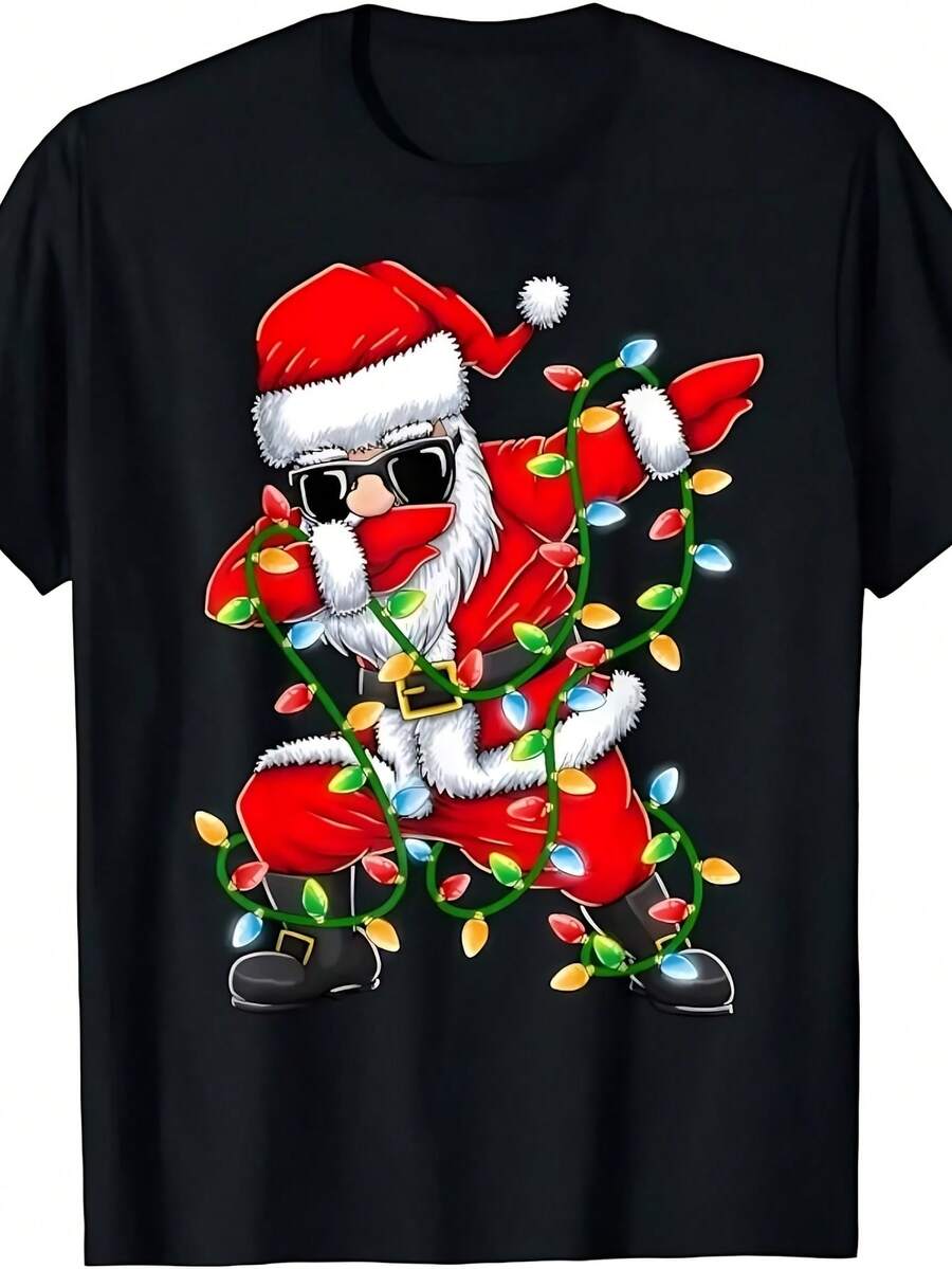 Summer Hot Dabbing Santa Xmas Lights Girls Boys Kids Christmas Gifts Black Printed T-Shirt04195 - 黑色7 - 查看 1
