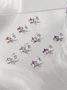 12 chiếc phụ kiện trang trí móng tay, hình ngôi sao và mặt trăng đính đá bạc, phụ kiện móng tay kim loại tinh tế và sang trọng, đá đính trắng, hồng, tím sáng bóng, phù hợp với móng dài, phụ kiện trang trí móng tay đa chức năng. - Nhiều màu - Xem 2