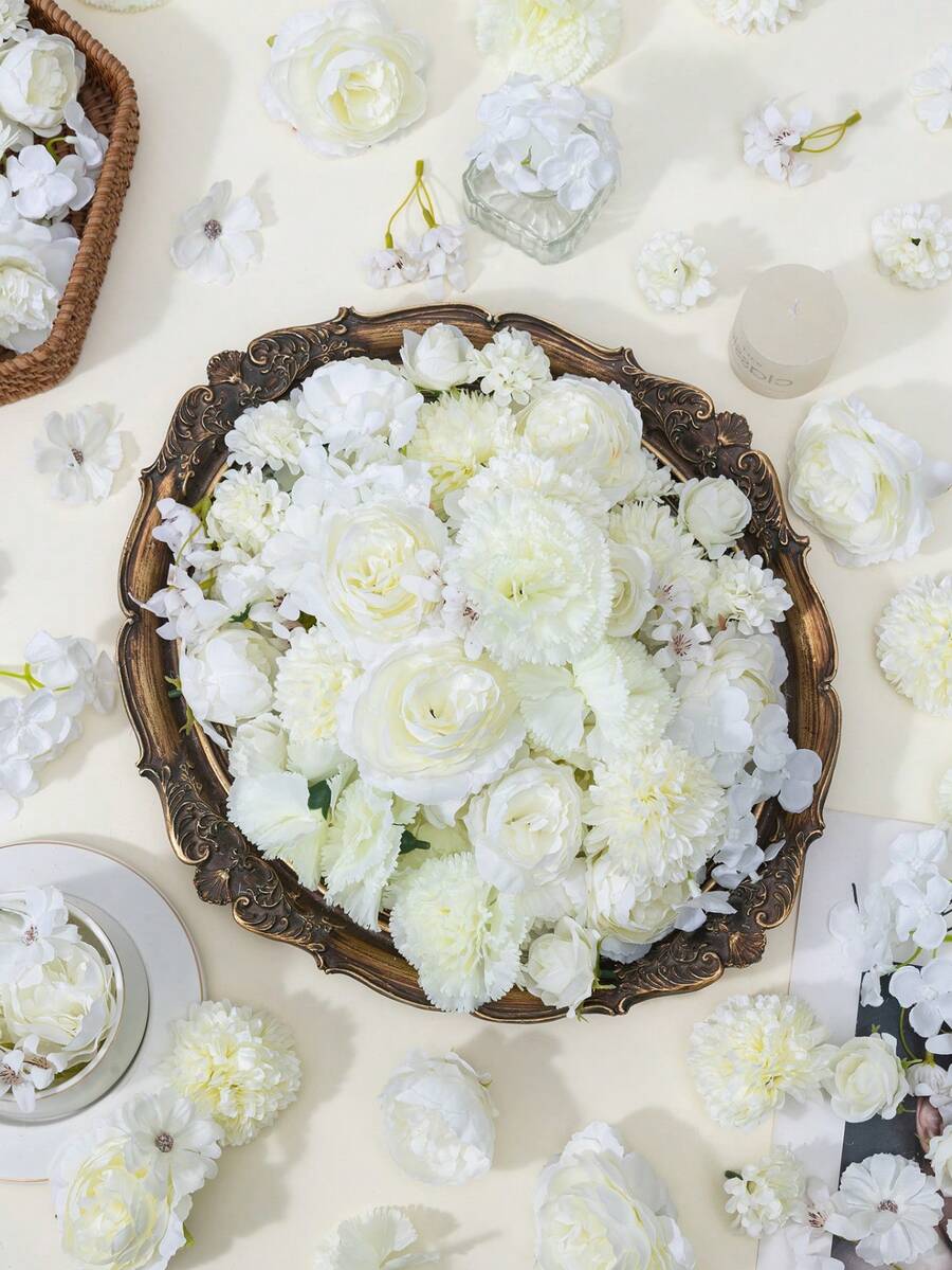 MEHELANY 24朵白色混合仿真花头，包括仿真牡丹、玫瑰等，适用于婚礼、母亲节、情人节、DIY花环、新年装饰、礼品、伴娘捧花、新郎胸花、新娘送礼会、家居装饰、餐桌摆设、蛋糕装饰、春季装饰等。 - 白色 - 查看 1