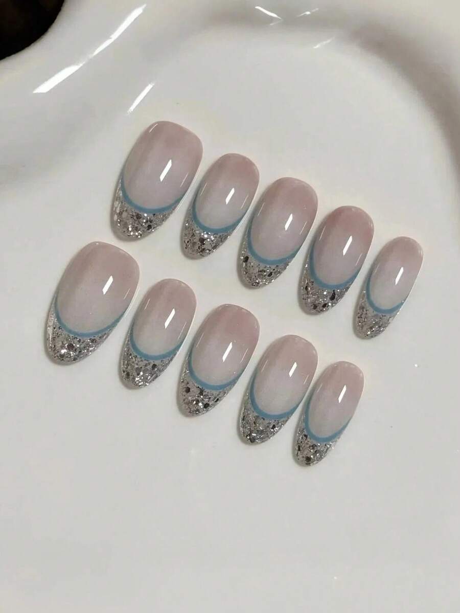 10pcs Handmade Shiny French Manicure Nail Stickers, Medium Almond Shape, Silver Glitter Design With Blue Lines, Glossy And Reusable, Acrylic Material, Suitable For Women And Girls Daily Wear, Nail Art Decor, Includes Gel Polish, Valentine's Day Gift Nails Handmade Press On Nails - Multicolor - View 1