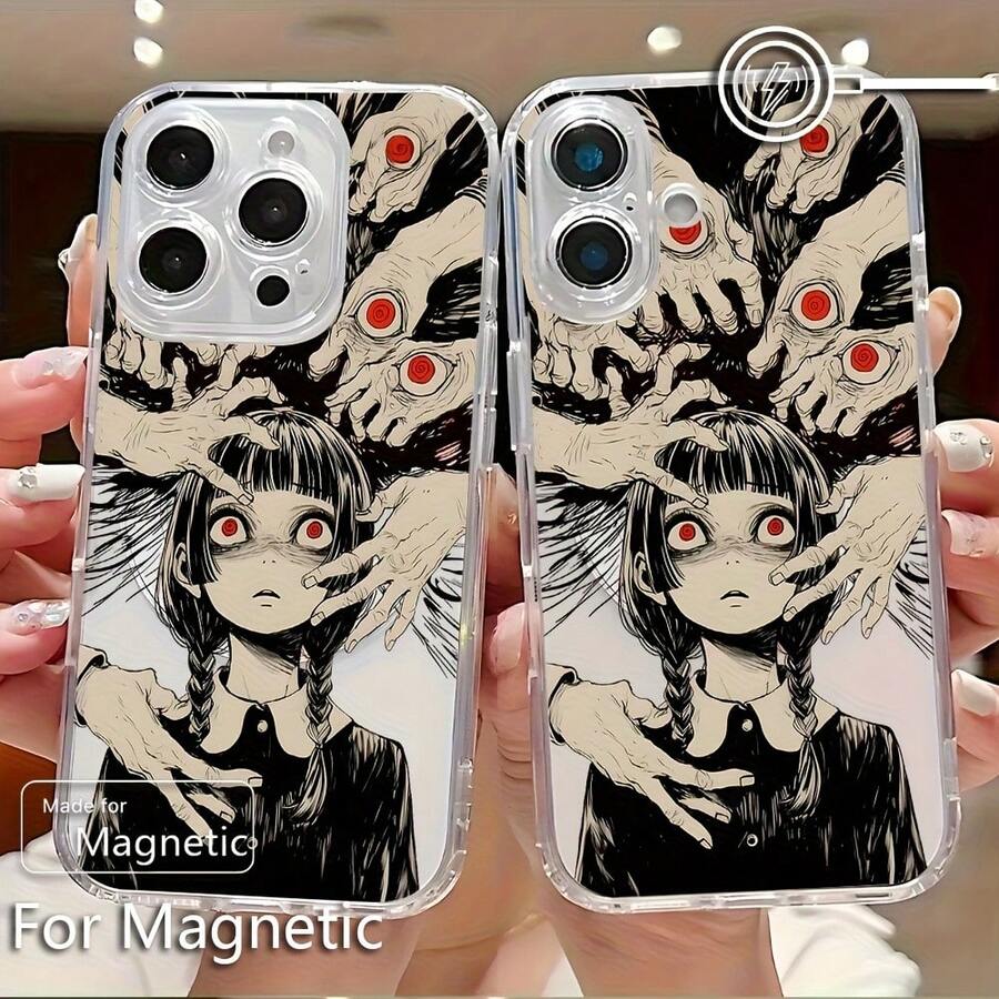 Funda de Teléfono de Chica Anime Estilo Horror Compatible con Iphone 17, 16, 15, 14, 13, 12, 11 Pro Max, Air, Mini, XR, XS, X, 7, 8 Plus, con Cubierta Trasera de TPU Suave, Transparente, Magnética y a Prueba de Golpes. - transparente - Ver 1