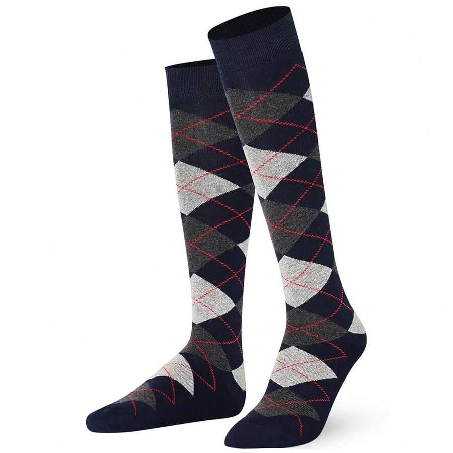 Mysocks Unisex Knee High Long Socks Argyle,8-11,NavyDarkAnthraciteAsh - 海軍藍/深炭灰 - 查看 1