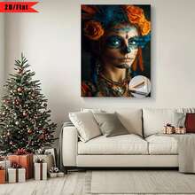 Con marco [2D plano] 1 pieza Impresión 2D plano| Una mujer con pintura del Día de los Muertos, vestida con flores de colores.| Arte de pared en lienzo, marco de madera,étodo de instalación con gancho, adecuado para decoración del hogar, habitación, sala de estar, dormitorio, baño, opción para regalos de Acción de Gracias y Halloween, se puede colgar directamente, no requiere instalación. - Multicolor - Ver 1