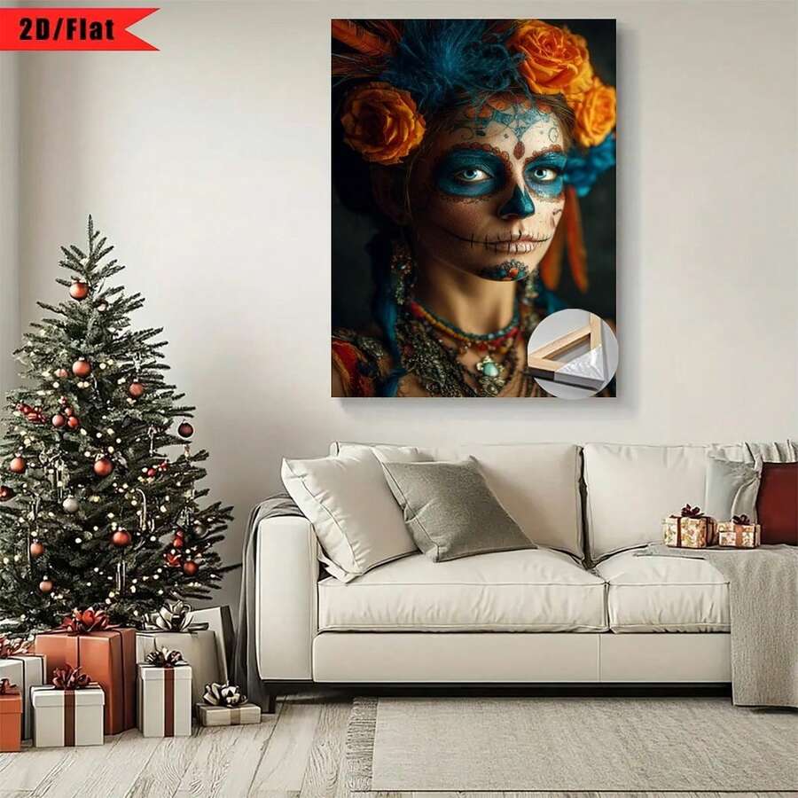 Con marco [2D plano] 1 pieza Impresión 2D plano| Una mujer con pintura del Día de los Muertos, vestida con flores de colores.| Arte de pared en lienzo, marco de madera,étodo de instalación con gancho, adecuado para decoración del hogar, habitación, sala de estar, dormitorio, baño, opción para regalos de Acción de Gracias y Halloween, se puede colgar directamente, no requiere instalación. - Multicolor - Ver 1