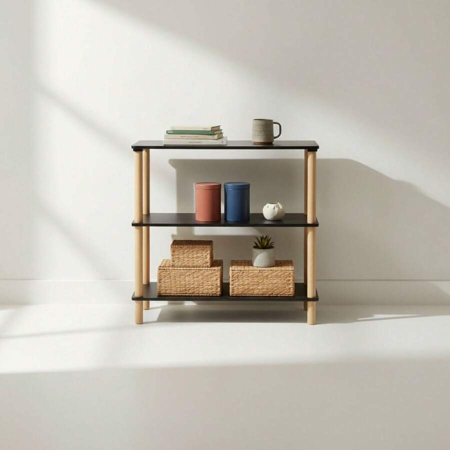 Ecommerc3 MOBLEKIT | Auxiliary Shelves In Wood, Metal And Bamboo With Screwless Assembly, Multifunctional Furniture With Different Levels For Storage, Books, Shoes And Home Decoration - Negro - 80x35x75 cm - View 1