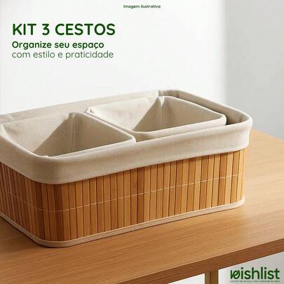 Kit 3 Cestos Organizador Moderno Bambu Fibra Algodão Decoração Armazenamento Elegante