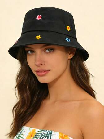 1pc Women's Korean Style Sweet Floral Embroidery Bucket Hat - Spring/Summer Outdoor Sun Protection Hat, Casual Stylish Sun Hat