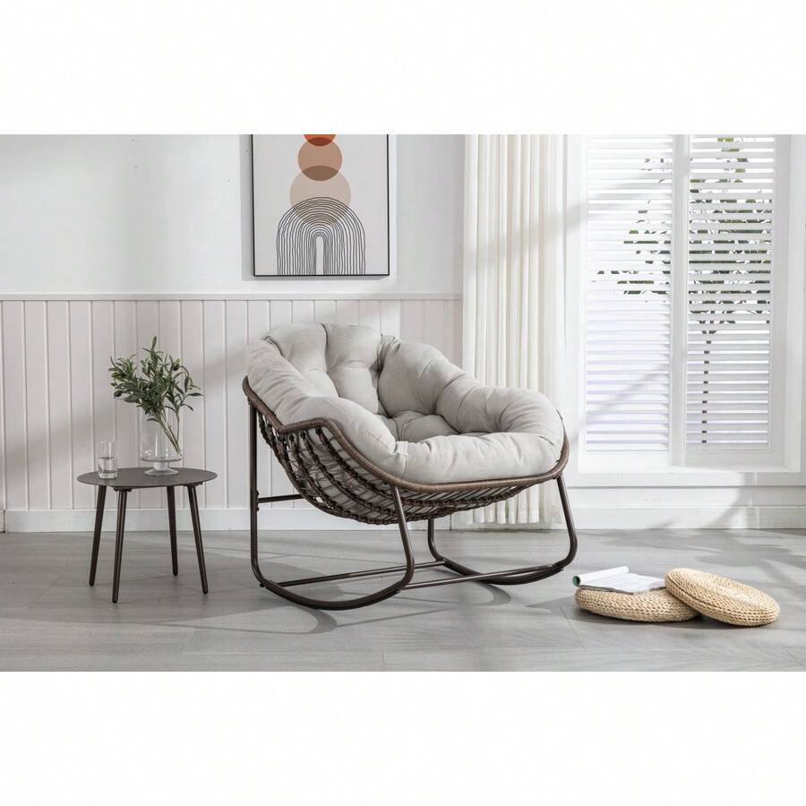 Silla mecedora de ratán para exteriores, silla reclinable con cojín acolchado para exteriores, para porche delantero, sala de estar, patio, jardín. 
 Blanco M4QV - Beige + Acero + Conjunto de Cómoda + Algodón - Ver 1