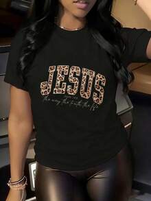 Friday Fun Prints Shirt Friday Print Jesus Leopard Print T Shirt Christian Faith Statement Black Tee Women Fashion Bible John 14 6 The Way The Truth The Life Religious Beliefs Clothing Suitable For Holiday Partiesoutingssports And Other Holiday Gifts Suitable For Holiday Partiesoutingssports And Other Holiday Gifts - 黑色 - 查看 2