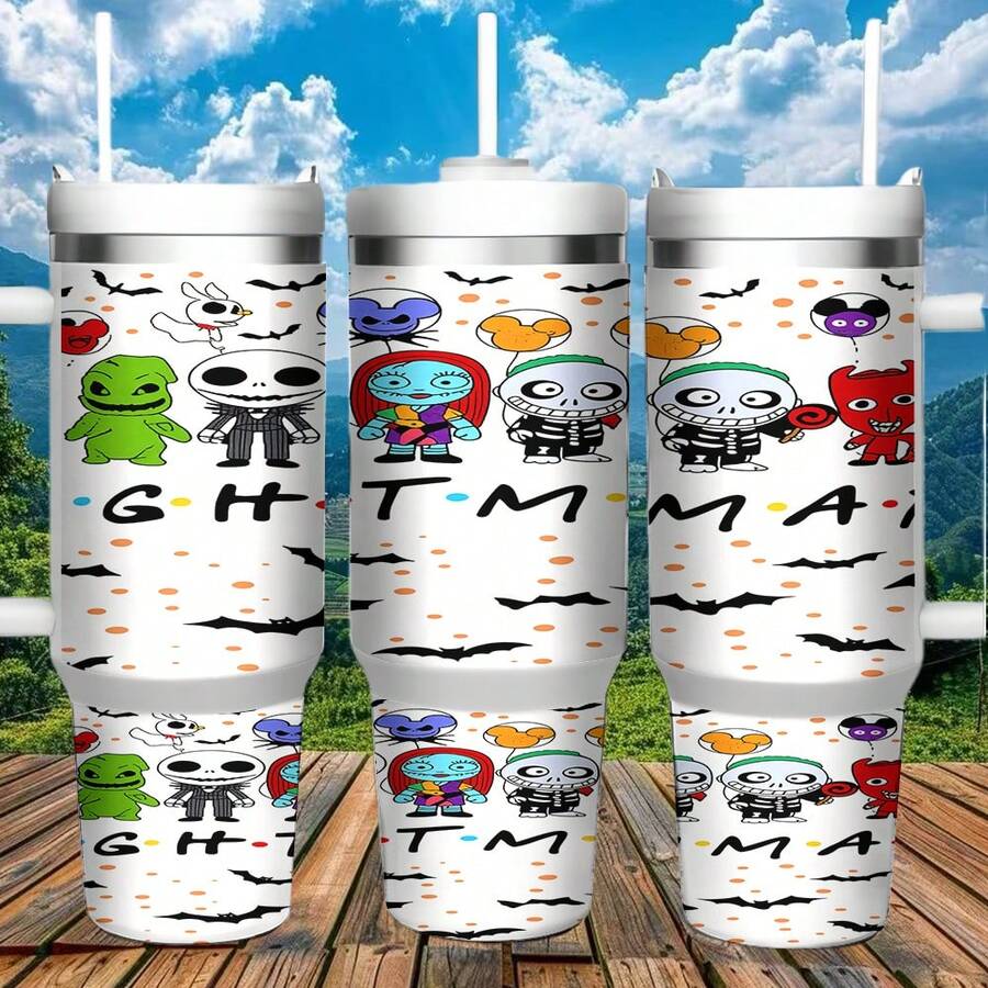 40oz Playful Nightmare Before Christmas Car Tumbler Cartoon Characters Bats & Balloons White Background Decor Insulated Cup - 1pc - 查看 1