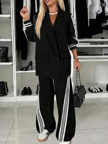 2pcs Women's Striped Ribbon Double-Breasted Blazer Jacket And Straight Leg Pants, Office & Casual Wear Spring Black - Black - View 2