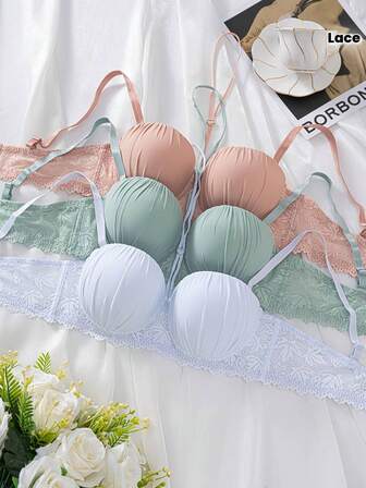 Conjunto de 3 piezas de sujetadores con aros de encaje para mujer, sujetador push-up, sujetadores de cuello halter