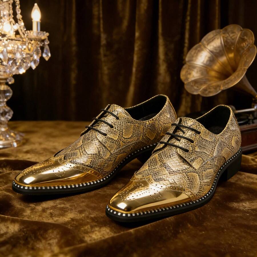 Men's Gold Snake Skin Pattern Dress Shoes, Shiny Carved Pointed Toe Lace-Up Formal Shoes, Suitable For Stage, Banquet, Hosting, Fashion British Style - Gold - View 1