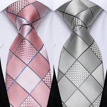 Men Business Tie Grey Blue Coral Pink Ties Floral Geometric Checks Fashion Necktie Set With Hanky,Cufflinks,Dinner Event School,Boys,Christmas Gift - Multicolor - View 8