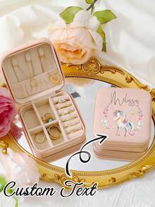 1pc Personalized Jewelry Box (Optional Unicorn, Mermaid Or Floral Pattern), Customized Name Women's Jewelry Box, Bridesmaid Jewelry Box, Girls Jewelry Storage Box, Ring Box, Travel Jewelry Box With Name Customization; Beige Customized Style, With Zipper Closure And Fabric Lining; Perfect Bridesmaid Proposal Gift Or Couple Keepsake. - Multicolor - View 6