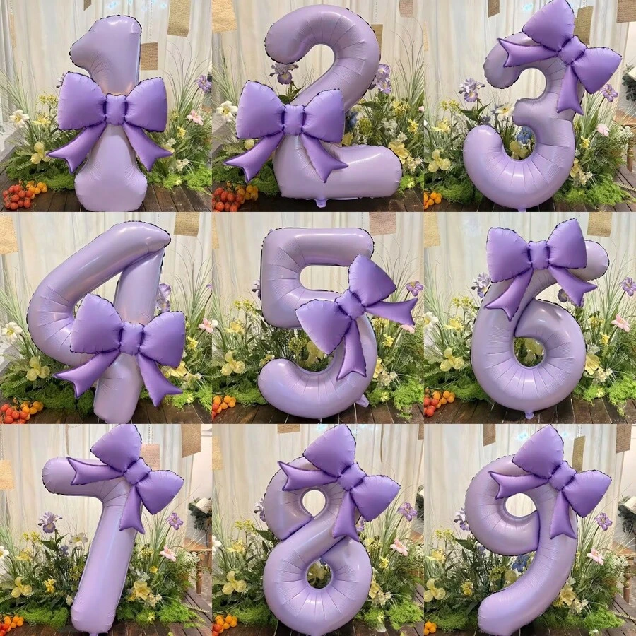 2个/套,39英寸紫色数字0-9气球,21英寸蝴蝶结铝箔气球,适用于生日、周年纪念、婚礼、婴儿派对、公主派对、求婚和其他节日,适合所有年龄段的气球装饰 - 紫色的 - 查看 1