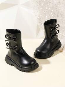 1 Pair Beige & Black Soft Comfortable PU Leather Knee-High Boots For Toddler/Little Girls, With Bow, Zipper, Round Toe, Warm Lining, Classic High Boots, Suitable For 3-15 Years Old Girls For Daily, Vacation, School Wear In Autumn/Winter - Black - View 3