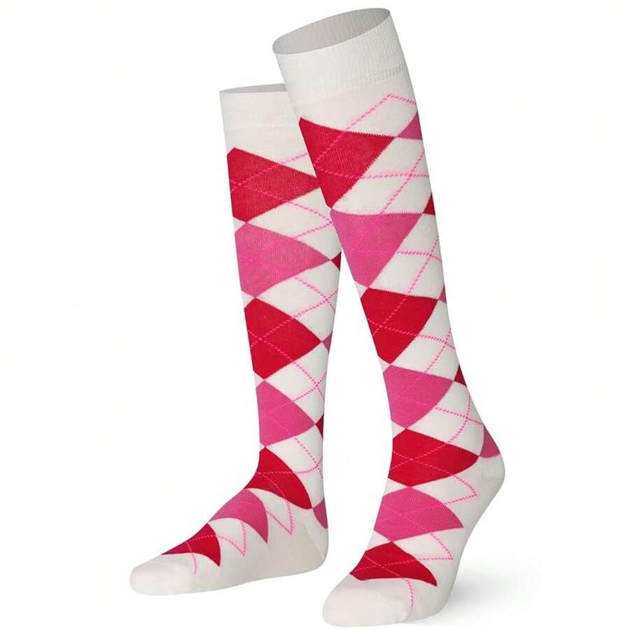 Mysocks Unisex Knee High Long Socks Argyle,8-11,PinkFuchsiaonCream - PinkFuchsiaonCream - View 1