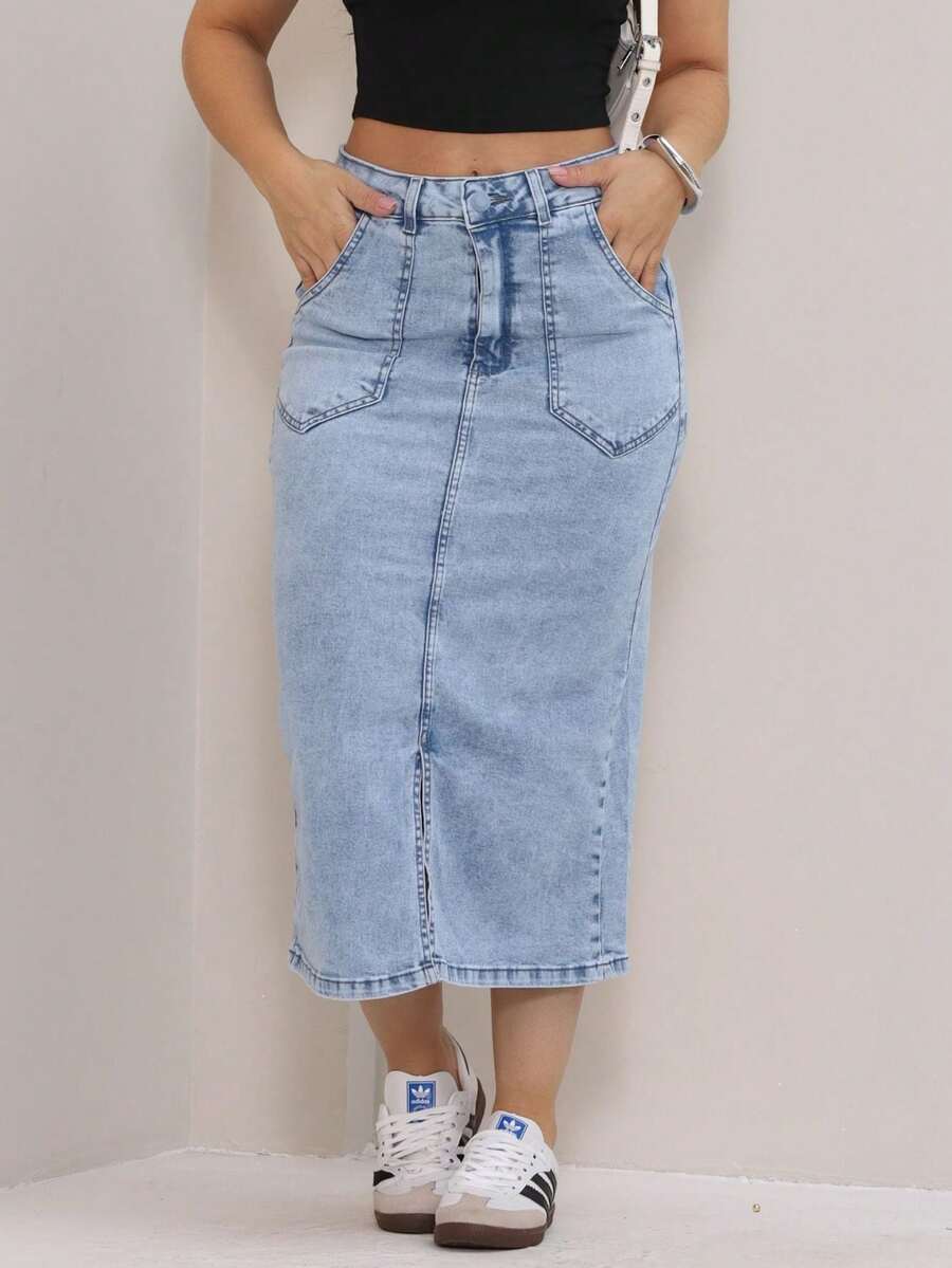 Midi Denim Skirt With Slit, Made Of Stretch Lycra, Modest, Evangelical, Casual, Elegant, Pocket, Zipper, Buttons Down The Front, Everyday Wear. - 淺色水洗藍 - 查看 1