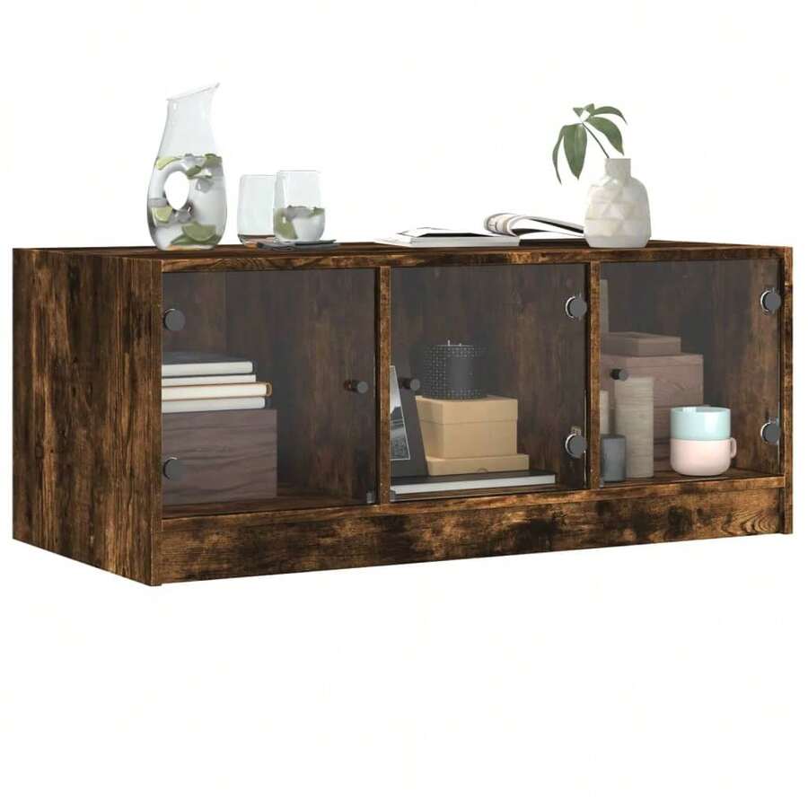 Tavolino vidaXL con ante in vetro, rovere affumicato, 102x50x42 cm - Castano - Visualizzare 1
