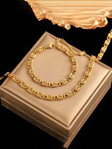 1 Set Fashionable Versatile Stainless Steel Chain Necklace + Bracelet Gold Color Jewelry Set, Suitable For Daily Wear And Gift - Yellow Gold - View 10
