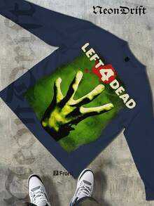 NeonDrift Halloween, Christmas, Thanksgiving Gifts-Glowing Handprint Graphic T-Shirt - Vibrant Neon Design For Gaming Enthusiasts, Perfect For Festivals And Night Outfits,  Streetwear Style - 藏蓝色 - 查看 1