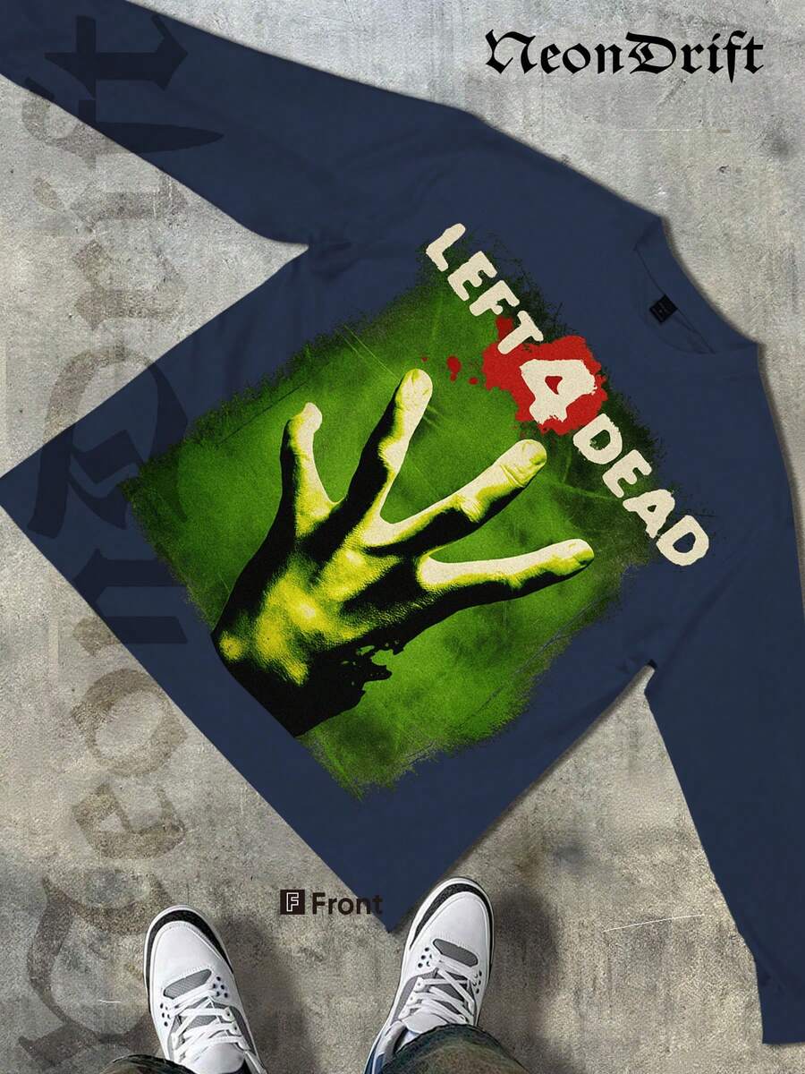 NeonDrift Halloween, Christmas, Thanksgiving Gifts-Glowing Handprint Graphic T-Shirt - Vibrant Neon Design For Gaming Enthusiasts, Perfect For Festivals And Night Outfits,  Streetwear Style - 藏蓝色 - 查看 1