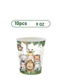 Utensílios de Mesa Safári na Selva com Estampas de Leão, Girafa e Tigre em Pratos, Copos e Guardanapos. Ótimo para Aniversários Infantis, Chás de Bebê e Festas com Tema Familiar. Design Descartável Facilita a Limpeza. - Multicolorido - Visão 10