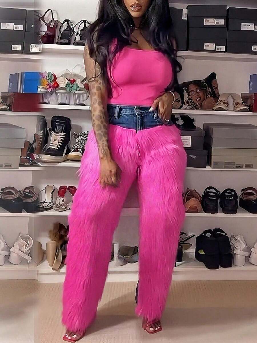 GLOURI Women's Faux Fur Jeans - High Waist Straight Leg Denim With Punk Rock Accents | Glam Night Out Pants For Weekend Parties & Evening Events (Edgy Street Style & Rocker Chic Vibes) - Màu Hồng Tươi - Xem 1