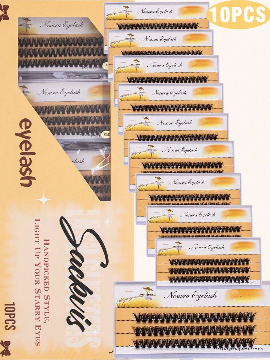 SACKVIS 10 Boxes 50D Of 600 Clusters Of 0.07 Thick Fake Eyelashes, Length 9-14mm, Long, Soft, Voluminous, Fine Black Stem Eyelashes Suitable For All Eye Shapes, Perfect For Dates, Daily Makeup - C - View 1