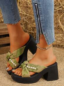 Damen Mode Kristall & Perlen Dekor Schnallen Riemen High Heel Plateau Sandalen, offene Zehen dicke Sohle, aufgewertetes Kreuz-Riemen Design - Grün - Übersicht 2