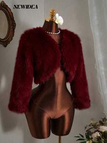 女士奢华红色人造毛皮短外套，长袖修身剪裁，优雅正式场合晚礼服 - 酒紅色 - 查看 3