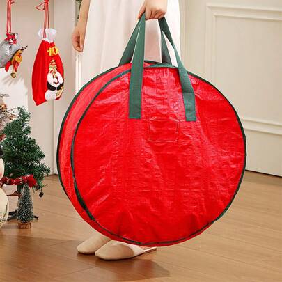 Förvaringspåse för julkransar, färgglad randig förvaringspåse för juldekorationer, röd utsida, bärbart handtag, rund design, lämplig för inomhusgarderob, garage, källare, förvaring och förpackning av konstgjorda kransar för jul, Thanksgiving och andra högtider